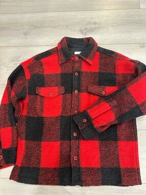 ANINE BING Red Black Plaid Wool Shacket Jacket Size L